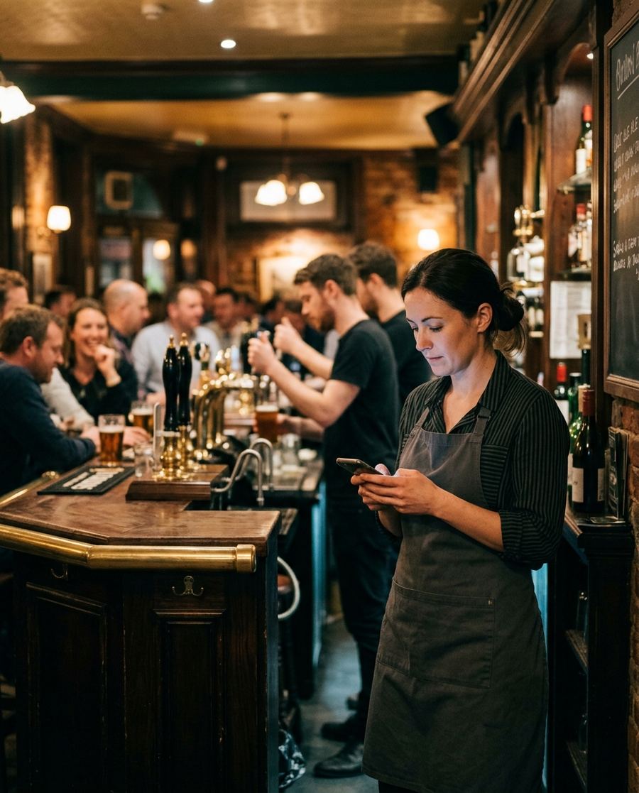 A busy pub bar in the evening; a member of staff checks her phone behind the bar.